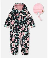 Deux par Baby Girl Printed Mid-Season One-Piece Outerwear With Hat Pink, Black, And Flowers - Infant