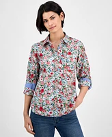 Nautica Jeans Women's Floral-Print Cotton Roll-Tab Shirt