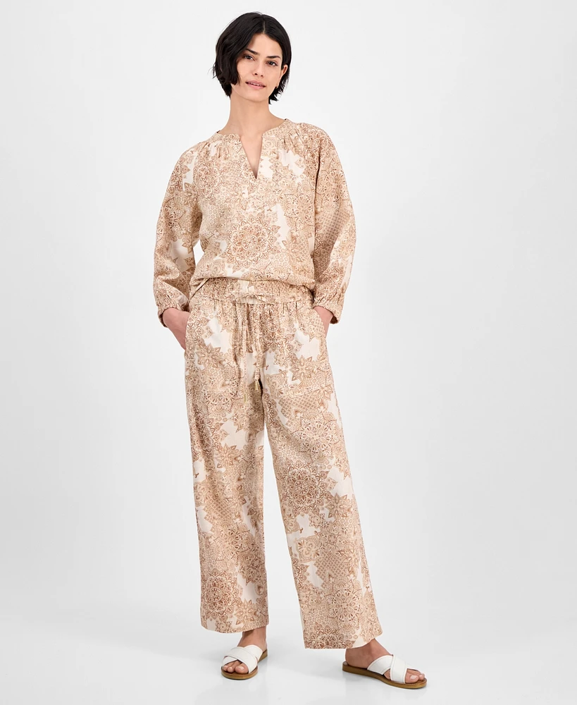 Nautica Jeans Women's Tile-Print Linen-Blend Wide-Leg Pants