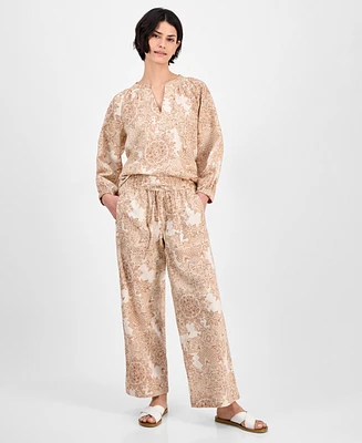 Nautica Jeans Women's Tile-Print Linen-Blend Wide-Leg Pants