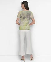 Dkny Women's Printed Surplice-Neck Short-Sleeve Mesh Top