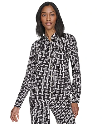 Halston Women's Geo-Print Collared Patch-Pocket Shirt