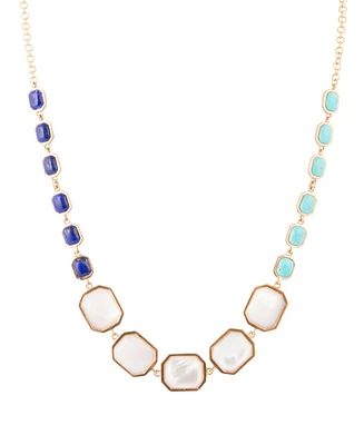 Barse Dual Color Blue Lapis Turquoise and White Mother of Pearl Golden Octagon Necklace