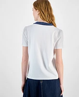 Tommy Hilfiger Women's Denim-Trim Split-Neck Knit Top