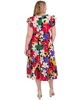 Vince Camuto Plus Floral-Print Flutter-Sleeve Fit & Flare Dress