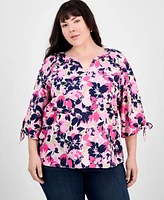 Jones New York Plus Floral-Print Linen-Blend Blouse