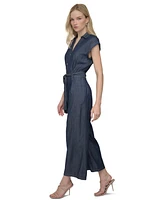 Dkny Women's Point Collar Tie-Waist Chambray Jumpsuit