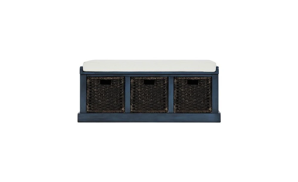 Rustic Storage Bench with 3 Removable Classic Rattan Basket , Entryway Bench Storage Bench with Removable Cushion