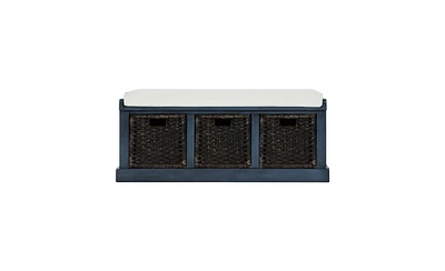 Rustic Storage Bench with 3 Removable Classic Rattan Basket , Entryway Bench Storage Bench with Removable Cushion