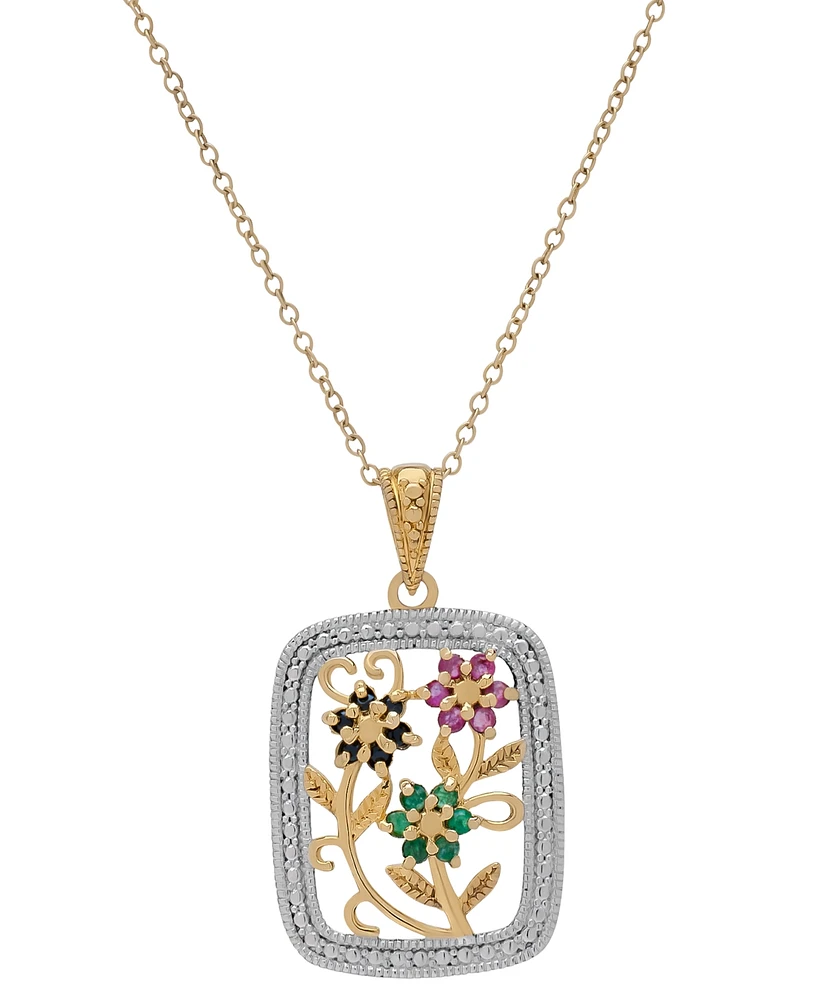 Multi-Gemstone Triple Flower 18" Pendant Necklace (3/8 ct. t.w.) in Two-Tone Sterling Silver