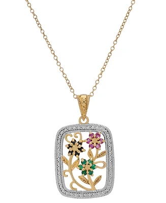 Multi-Gemstone Triple Flower 18" Pendant Necklace (3/8 ct. t.w.) in Two-Tone Sterling Silver