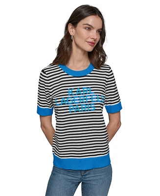 Karl Lagerfeld Paris Women's Stripe Short-Sleeve Logo Sweater