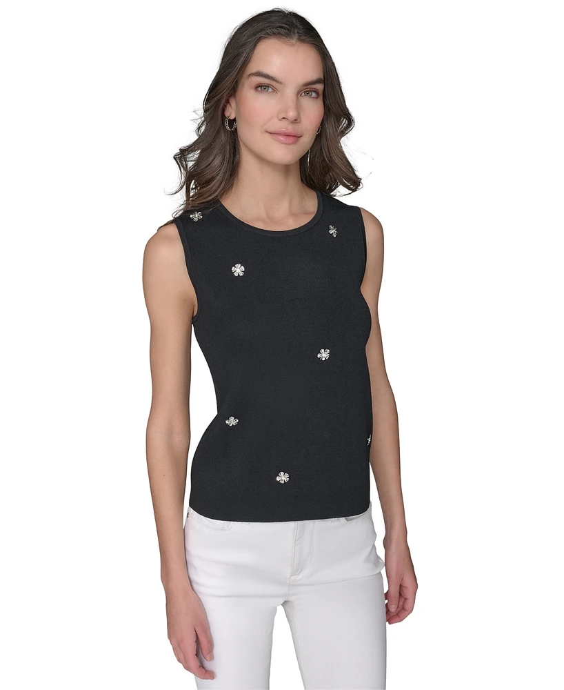 Karl Lagerfeld Paris Women's Floral Embellishment Sleeveless Sweater