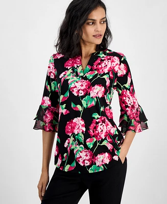 Kasper Women's Floral Split-Neck 3/4-Flutter Sleeve Top, Regular & Petite Sizes