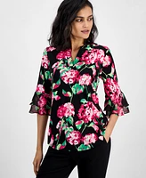 Kasper Women's Floral Split-Neck 3/4-Flutter Sleeve Top, Regular & Petite Sizes