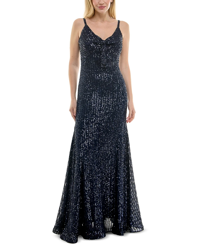 Taylor Women's Sequined Bow-Trim V-Neck Sleeveless Gown