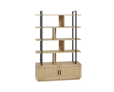 5 Tier Rattan Bookshelf with Storage Cabinet & Door, 71.1 Inch Tall Industrial Book Shelf with Open Display Shelves, 5 Shelf Bookcase with Metal Frame