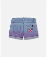 Deux par Big Girls Cuffed Denim Shorts With Embroidery Floral Jeans Blue