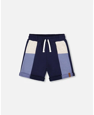 Deux par Toddler Boys French Terry Color Block Short Blue, Navy And Cream - Toddler|Child