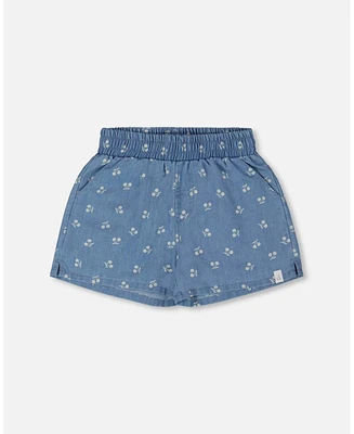 Deux par Deux Baby Girls Printed Chambray Short Blue And White Cherries