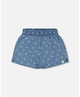 Deux par Deux Baby Girls Printed Chambray Short Blue And White Cherries