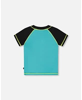 Deux par Boy Short Sleeve Rashguard Black And Turquoise - Toddler|Child