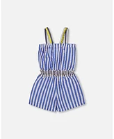 Deux par Big Girls Sleeveless Seersucker Romper Blue And White Striped