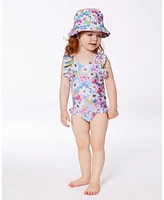 Deux par Baby Girls Printed One-Piece Swimsuit With Frills White, Pink, And Green Flowers