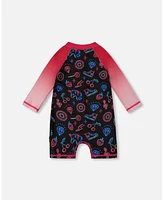 Deux par Girl Printed Long Sleeve One-Piece Rashguard Black And Blue Pink Items - Toddler|Child