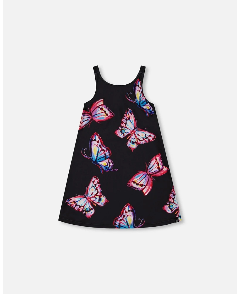 Deux par Girl Printed Beach Dress Black And Multicolored Butterflies - Toddler|Child