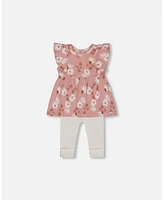 Deux par Baby Girls Printed Muslin Tunic And Rib Leggings Set Pink White Flowers