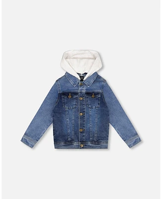 Deux par Boys Denim Jacket With French Terry Hood White And Blue