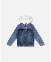 Deux par Boys Denim Jacket With French Terry Hood White And Blue