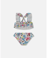 Deux par Girls Printed Two-Piece Swimsuit With Frills White, Pink, And Green Flowers