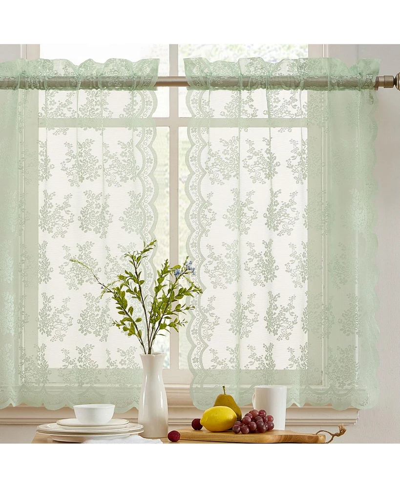 Hlc.me Jolene Floral Rod Pocket Lace Semi Sheer Voile Short Cafe Tiers for Small Windows - 28 x 24 Inch Length (Seafoam Green Tiers, Set of 2)