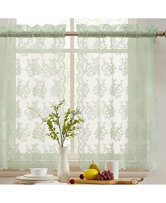 Hlc.me Jolene Floral Rod Pocket Lace Semi Sheer Voile Short Cafe Tiers for Small Windows - 28 x 24 Inch Length (Seafoam Green Tiers, Set of 2)