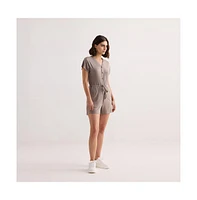 V neck Drawstring Knit Romper Dusty Brown