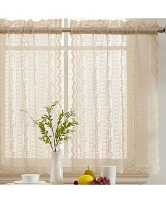 Hlc.Me Sophia Floral Rod Pocket Lace Semi Sheer Voile Short Cafe Tiers For Kitchens Bathrooms Small Windows Set Of 2