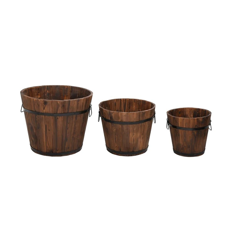 3 Piece Wooden Bucket Planter Set Solid Wood Fir