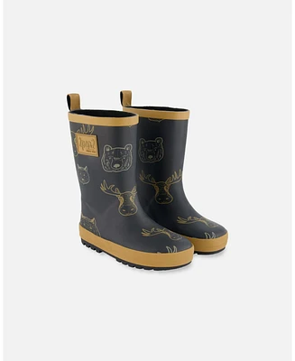 Deux par Little Boys Printed Rain Boots Beige Animals On Black Background