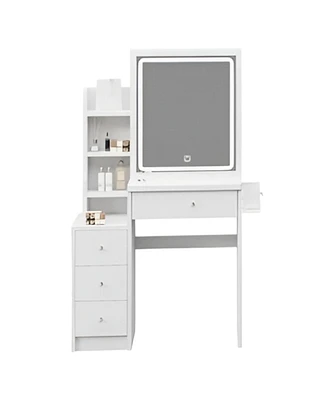 Small Size Left Bedside Cabinet Vanity Table + Cushioned Stool; Stylish and Functional Makeup Station with Led Mirror