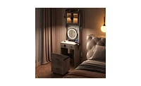 Small Vanity Desk with Mirror and Led Lights – Compact Makeup Table Charging Station, Storage Shelves