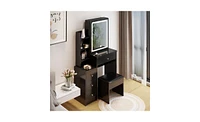 Small Space Left Bedside Cabinet Vanity Table + Cushioned Stool – Compact, Stylish, and Functional Vanity Set with Led Mirror for Girls