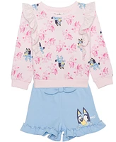 Bluey Toddler and Little Girls 2-Piece Long Sleeve Top Shorts Set