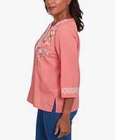 Alfred Dunner Women's Free Spirit Bohemian Floral Embroidered Flutter Sleeve Top