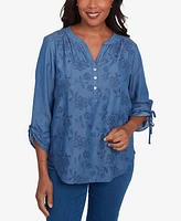 Alfred Dunner Women's Free Spirit Floral Embroidered Flared Sleeve Top