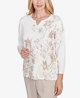 Alfred Dunner Women's Kensington Gardens Split Neck Botanical Gold Foil Print Sweater