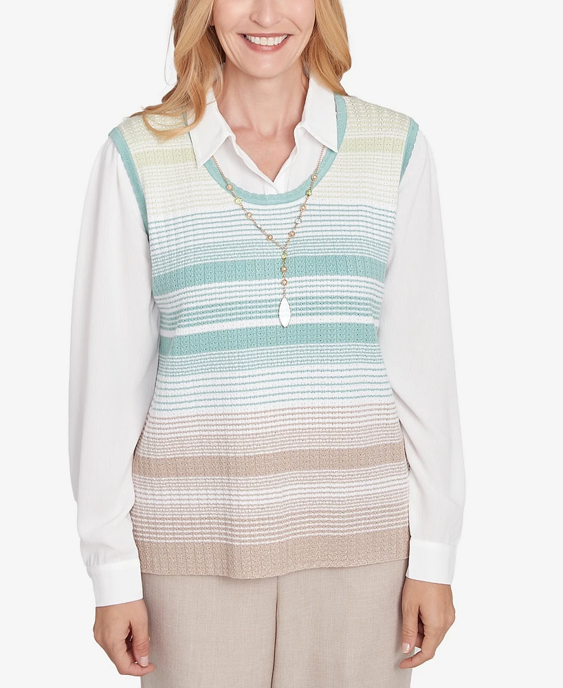 Alfred Dunner Women's Kensington Gardens Striped Vest Collared Two One Sweater with Necklace