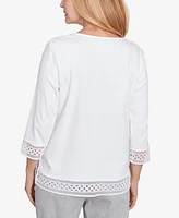 Alfred Dunner Women's Dress Code Solid Lace Trim Top with Necklace