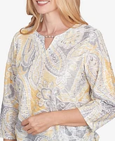 Alfred Dunner Women's Dress Code Textured Paisley Beaded Neck Top